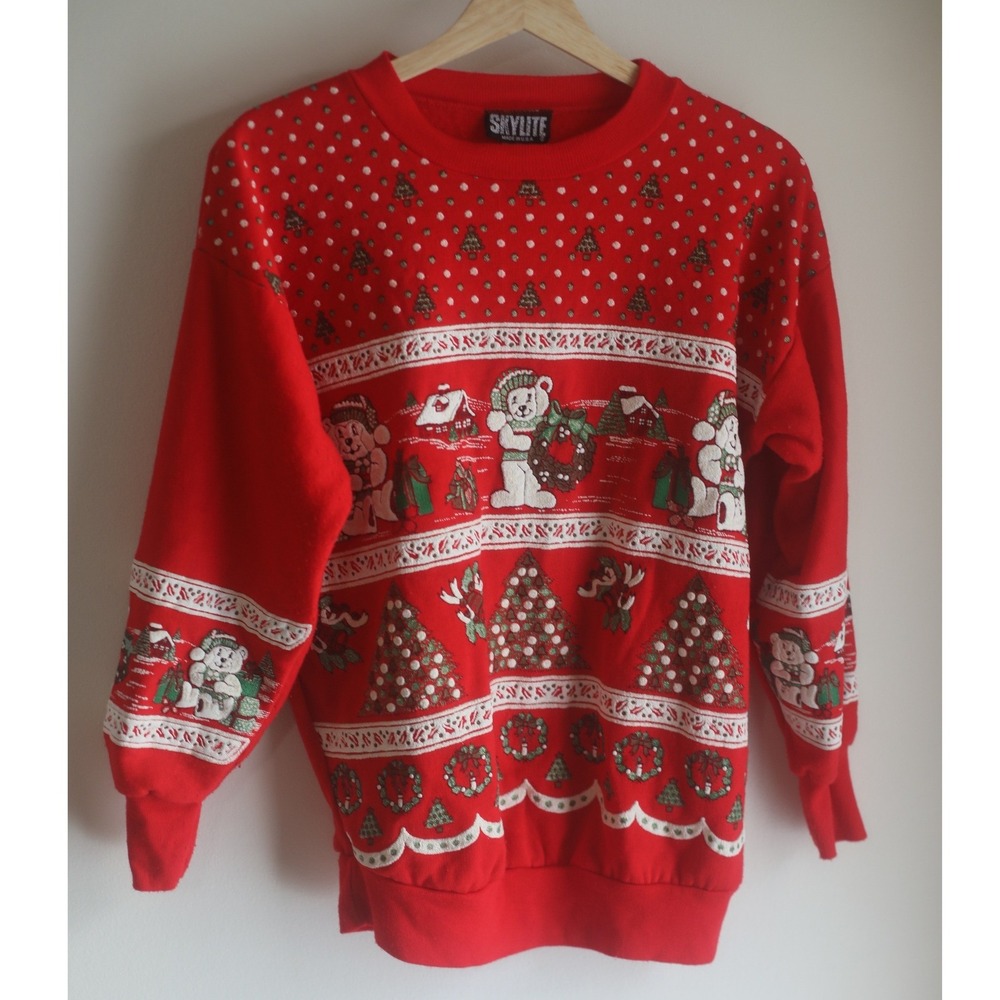 Vintage Skylite Christmas Sweatshirt Red Polar Bear Holiday Made in USA Small
